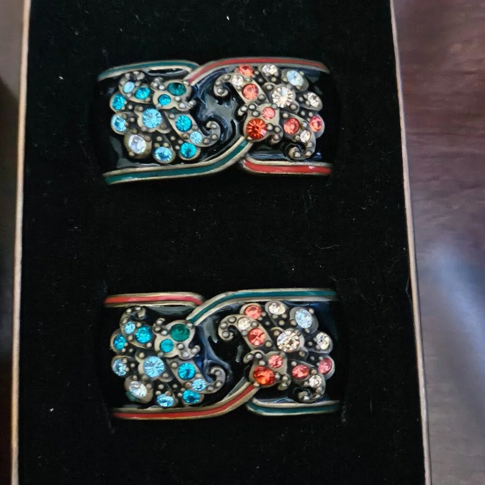 2 VINTAGE JAY STRONGWATER ART DECO CHINOISERIE SCROLL CRYSTAL ENAMEL NAPKIN RING